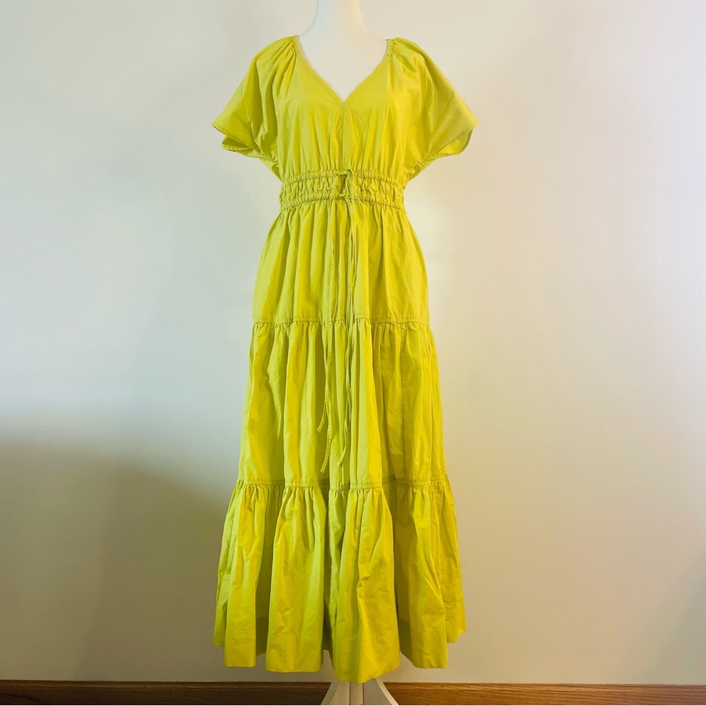 NEW Summer Flowy A-Line Tiered Midi Dress Yellow 100% Cotton Free Assembly Small